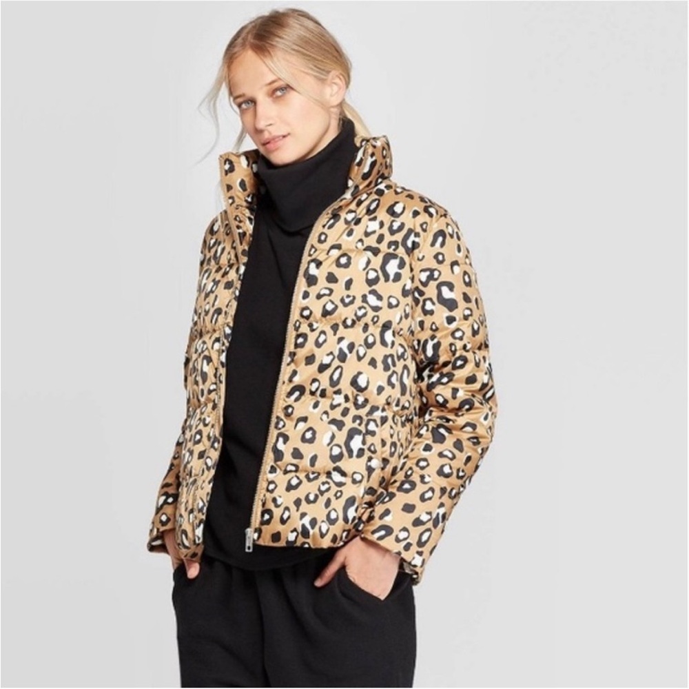 Who What Wear Tan Leopard Print Puffer Jacket